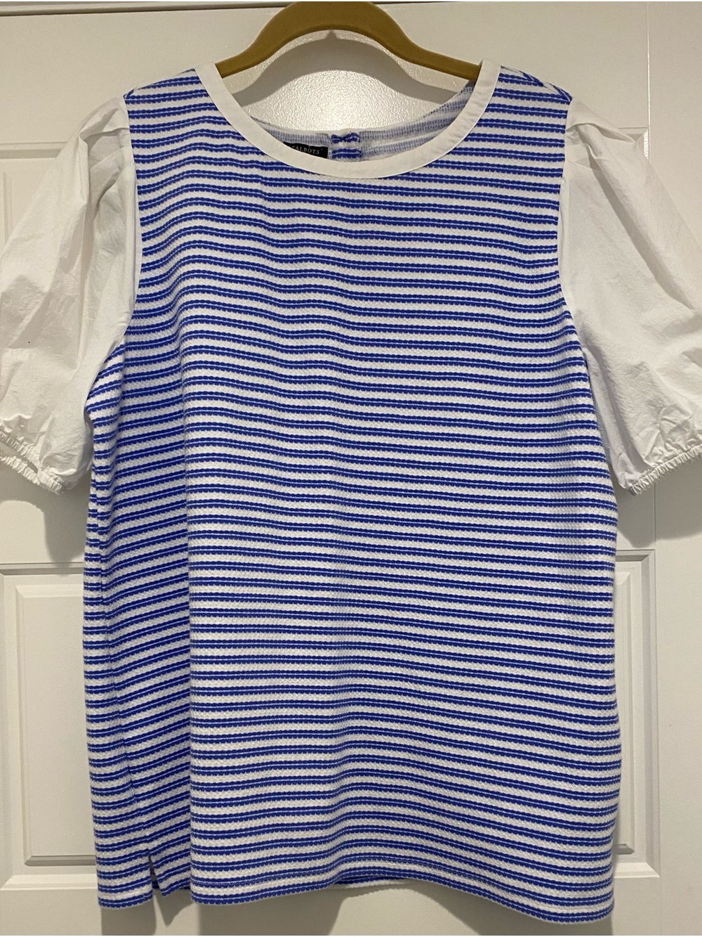 Talbots Striped Top Career Size 1X Blue White Stripe Puff Sleeve Coastal Casual